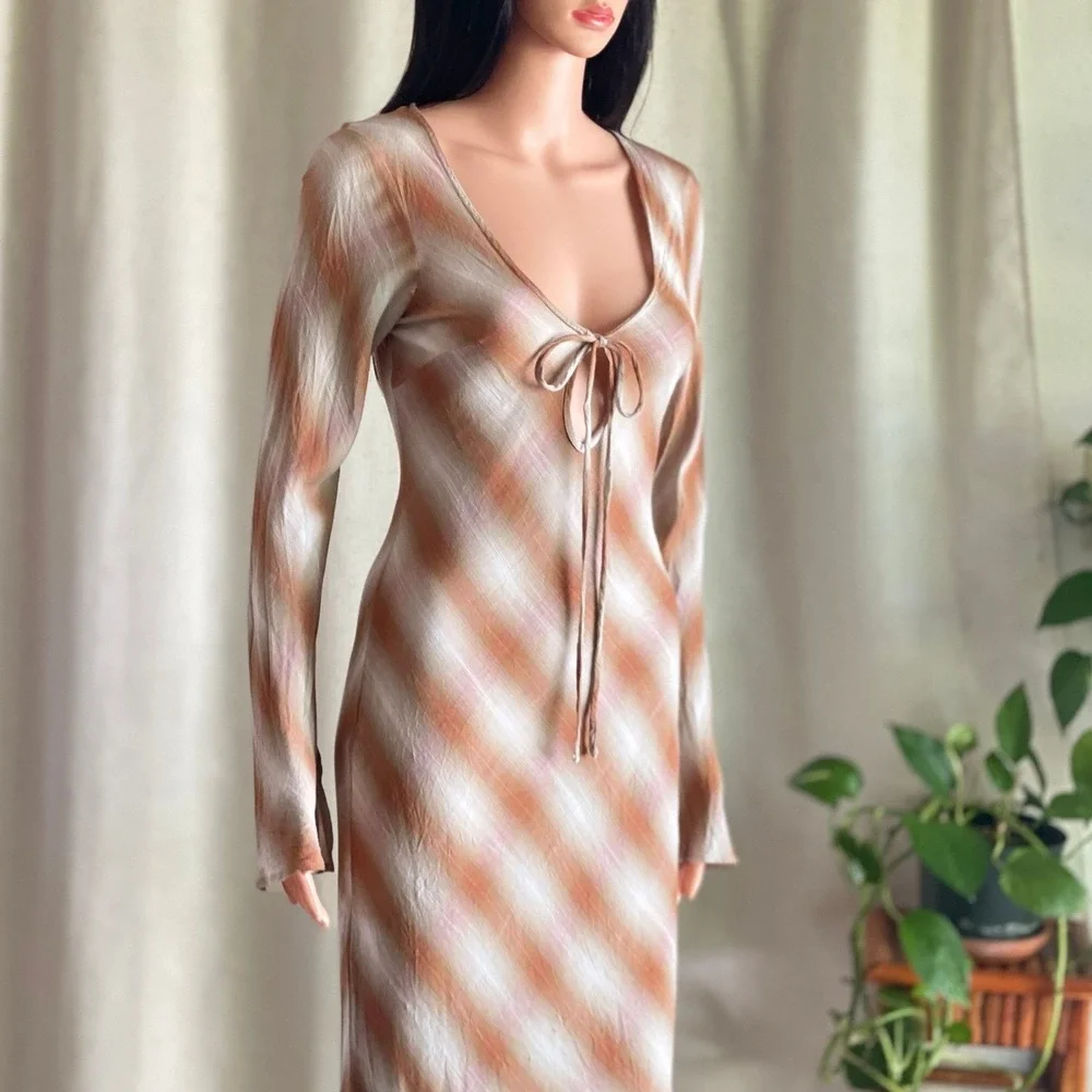 ASOS DESIGN Brown Plaid Tie Front Long Sleeve Maxi Dress Grunge Cottagecore 2